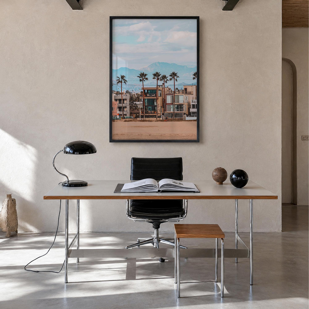 Venice Beach no. 2 colorful photo poster of Los Angeles, California – vertical wall art in black wood frame, hanging on wall