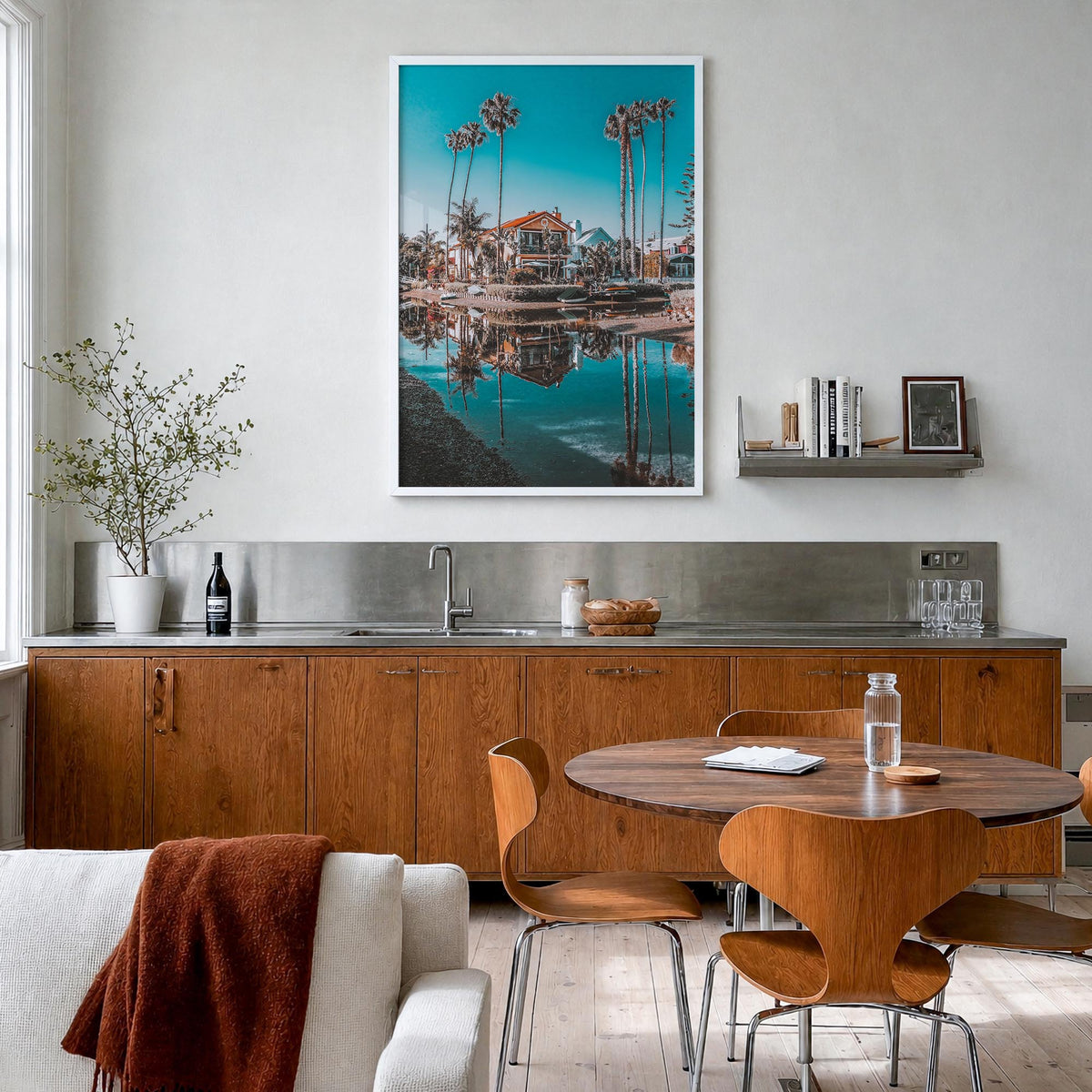 Venice Beach no. 4 colorful photo poster of Los Angeles, California – vertical wall art in white wood frame, hanging on wall