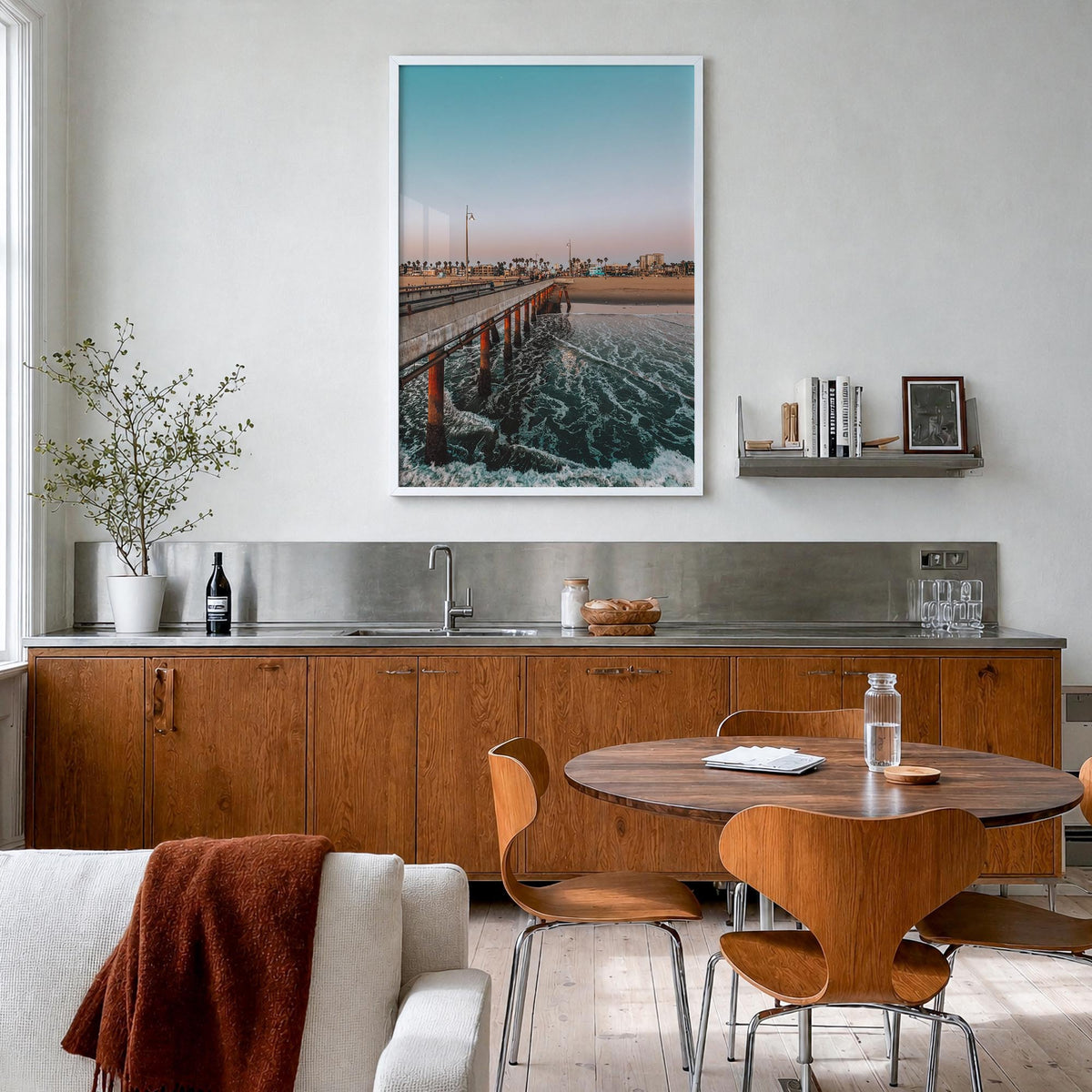 Venice Beach no. 5 colorful photo poster of Los Angeles, California – vertical wall art in white wood frame, hanging on wall