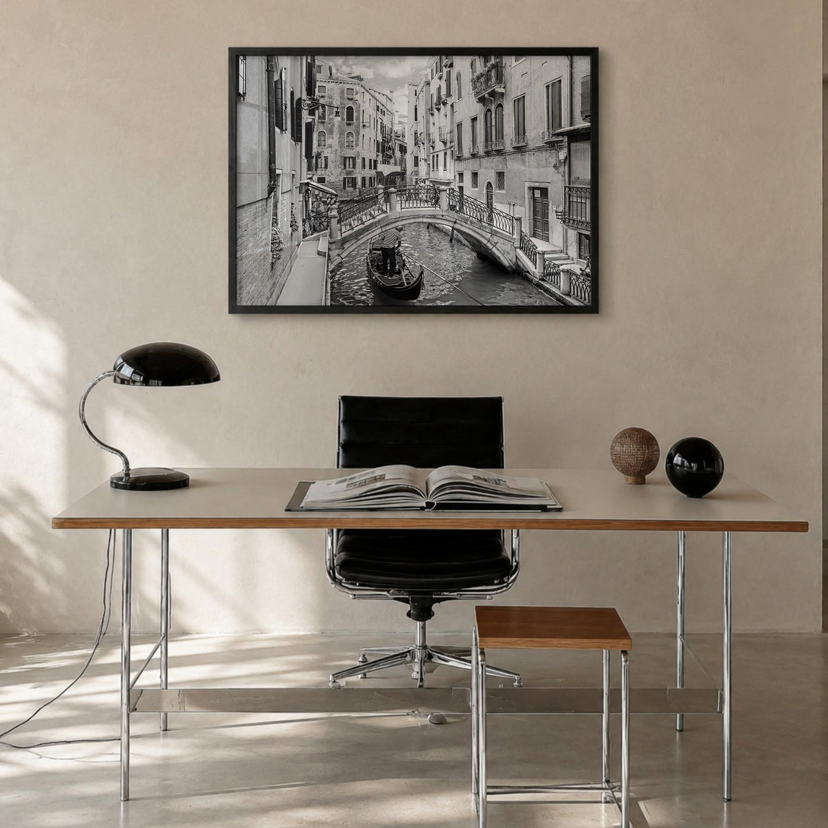 Venice black & white photo poster of Italy – horizontal wall art in black wood frame, hanging on wall
