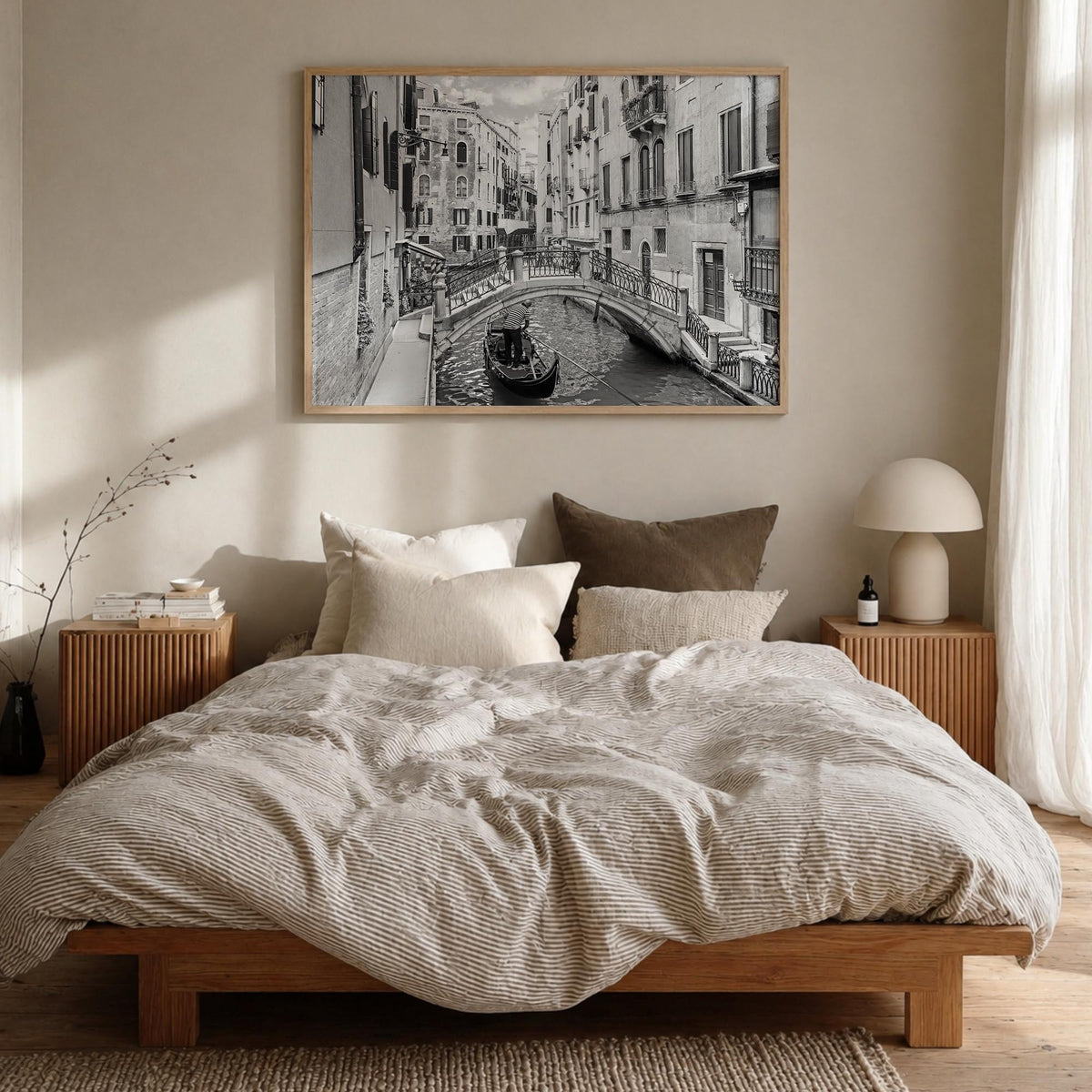 Venice black & white photo poster of Italy – horizontal wall art in natural wood frame, hanging on wall