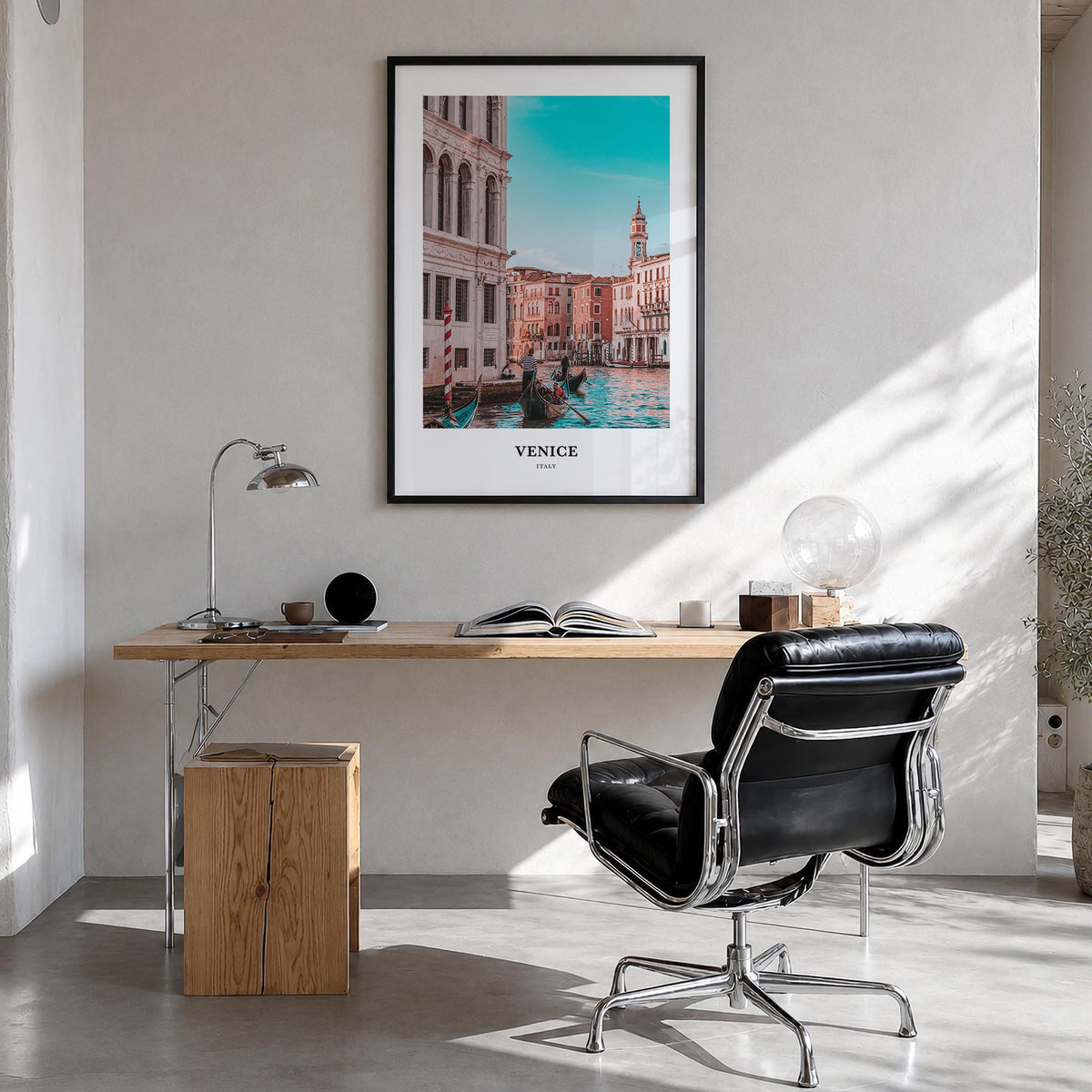 Venice colorful classic poster of Italy – vertical wall art in black wood frame, hanging on wall