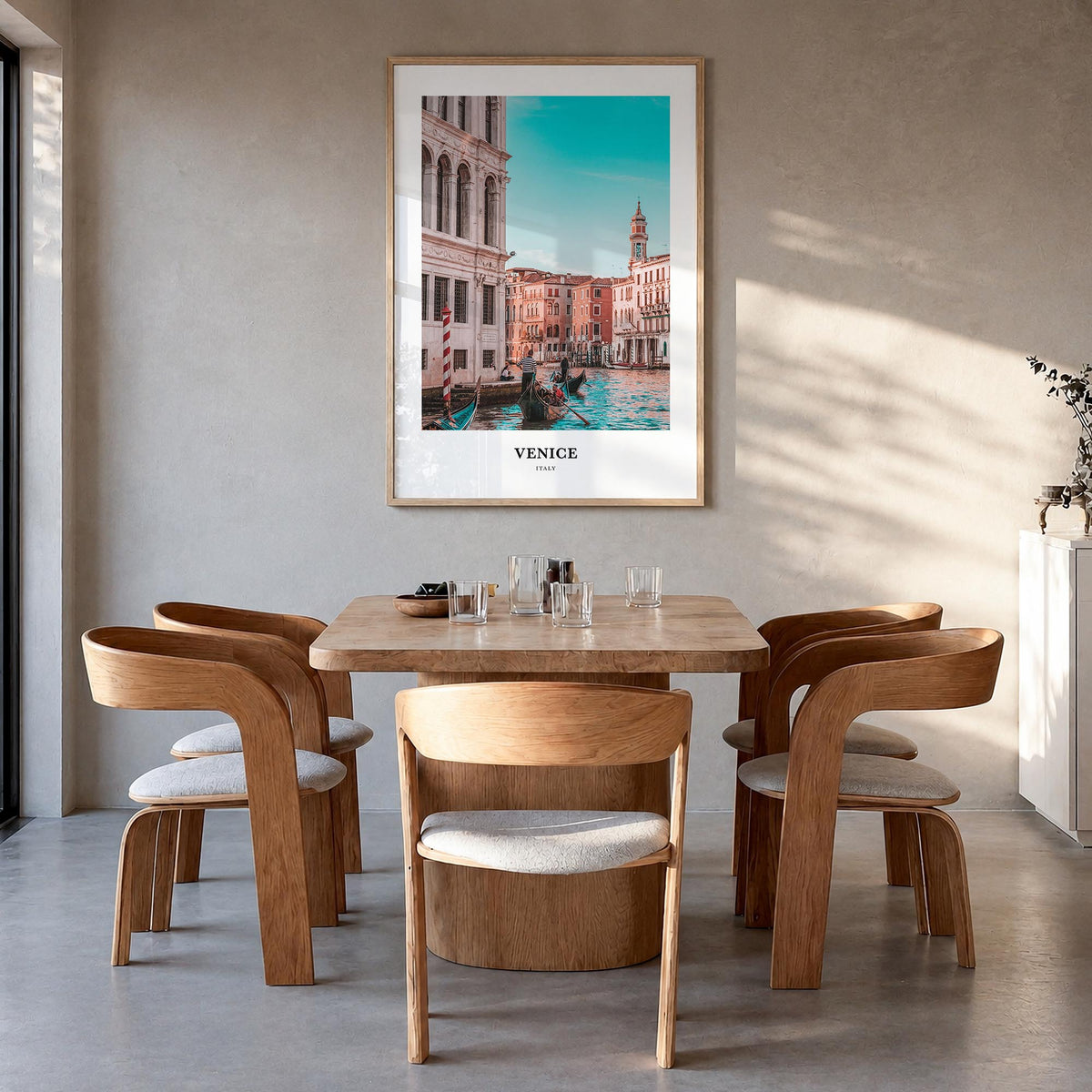 Venice colorful classic poster of Italy – vertical wall art in natural wood frame, hanging on wall