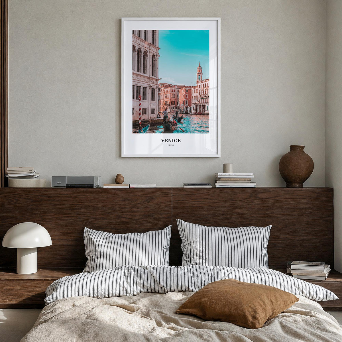 Venice colorful classic poster of Italy – vertical wall art in white wood frame, hanging on wall