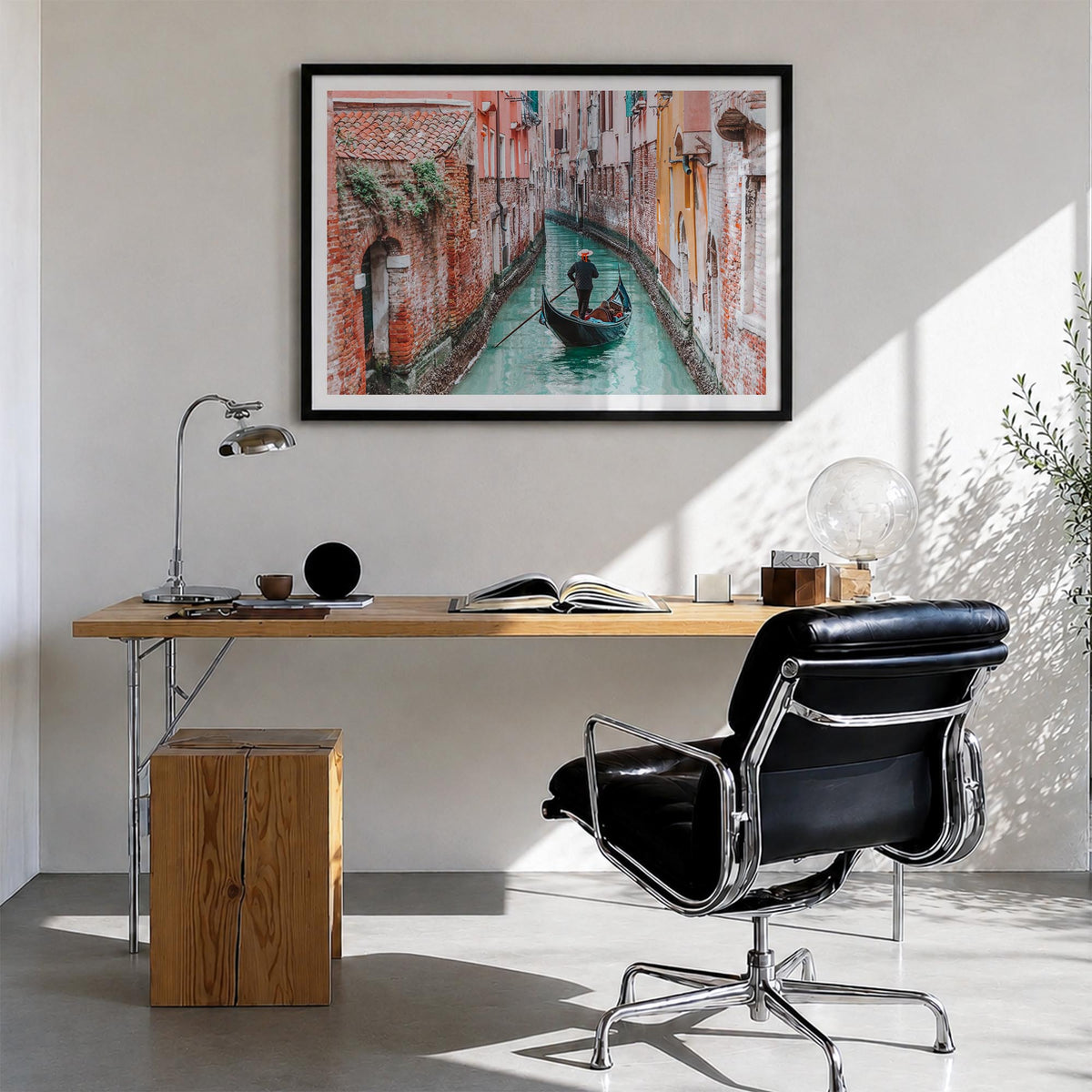 Venice colorful photo poster of Italy – horizontal wall art in black wood frame with white border, hanging on wall