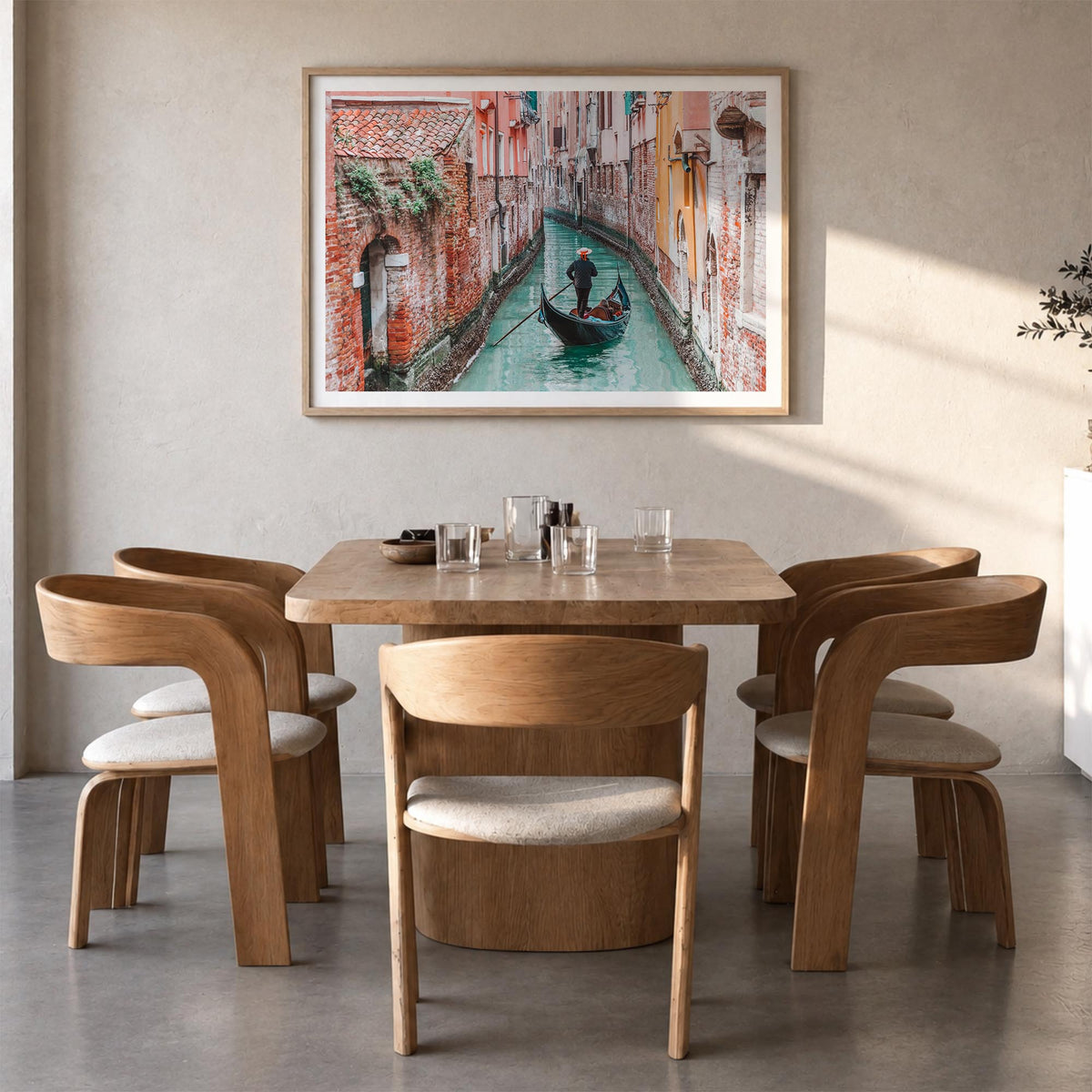 Venice colorful photo poster of Italy – horizontal wall art in natural wood frame with white border, hanging on wall
