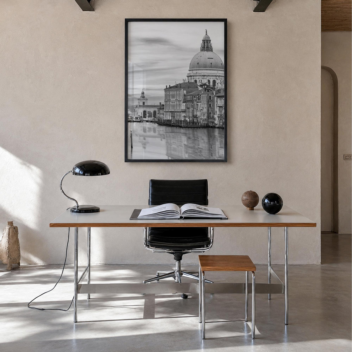 Venice no. 1 black & white photo poster of Italy – vertical wall art in black wood frame, hanging on wall