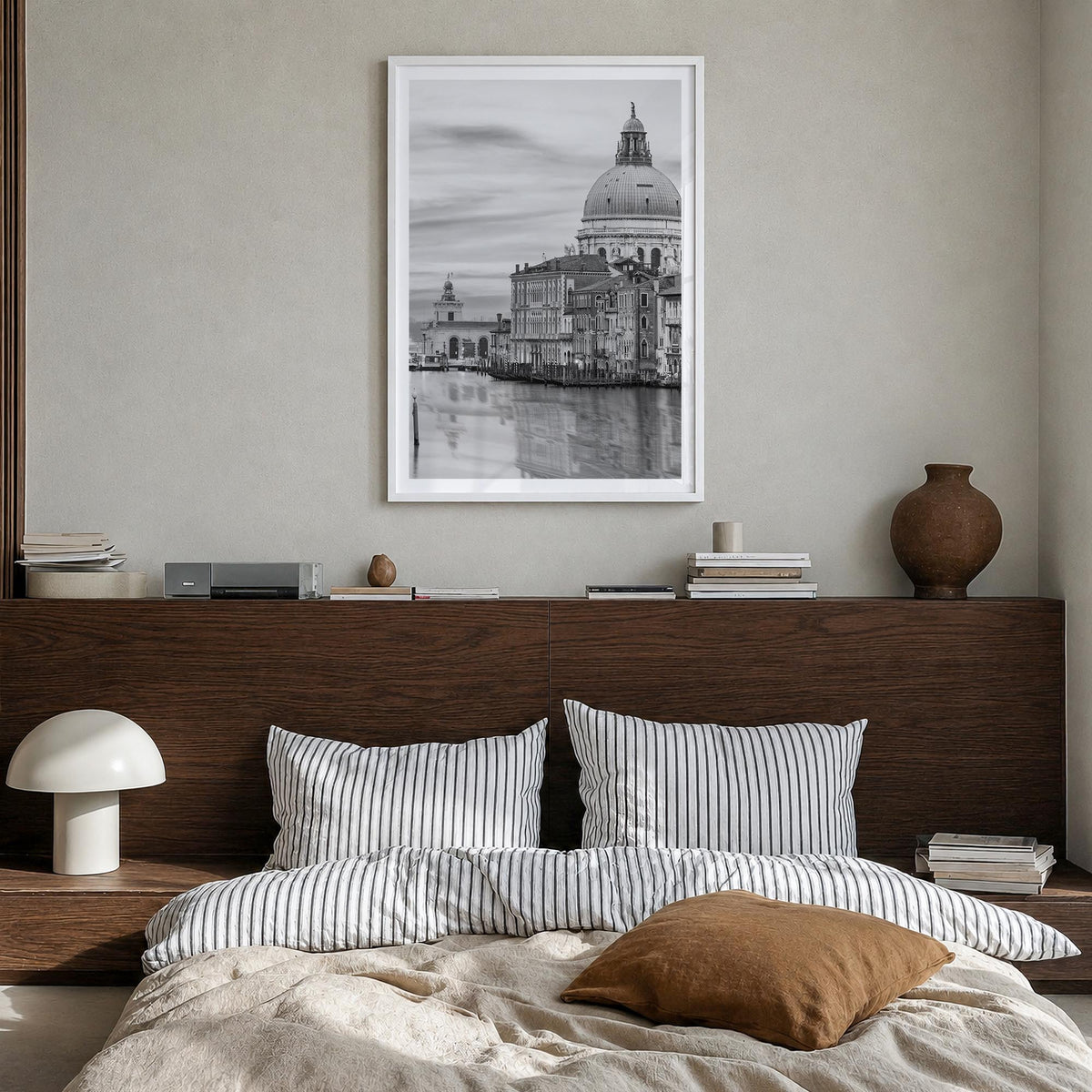 Venice no. 1 black & white photo poster of Italy – vertical wall art in white wood frame with white border, hanging on wall