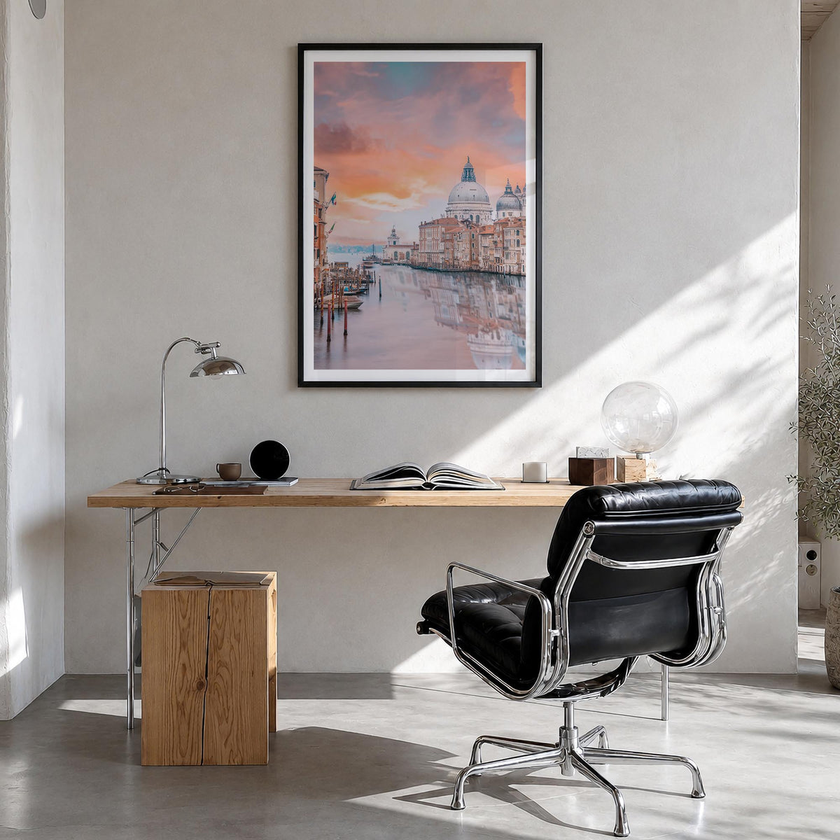 Venice no. 1 colorful photo poster of Italy – vertical wall art in black wood frame with white border, hanging on wall