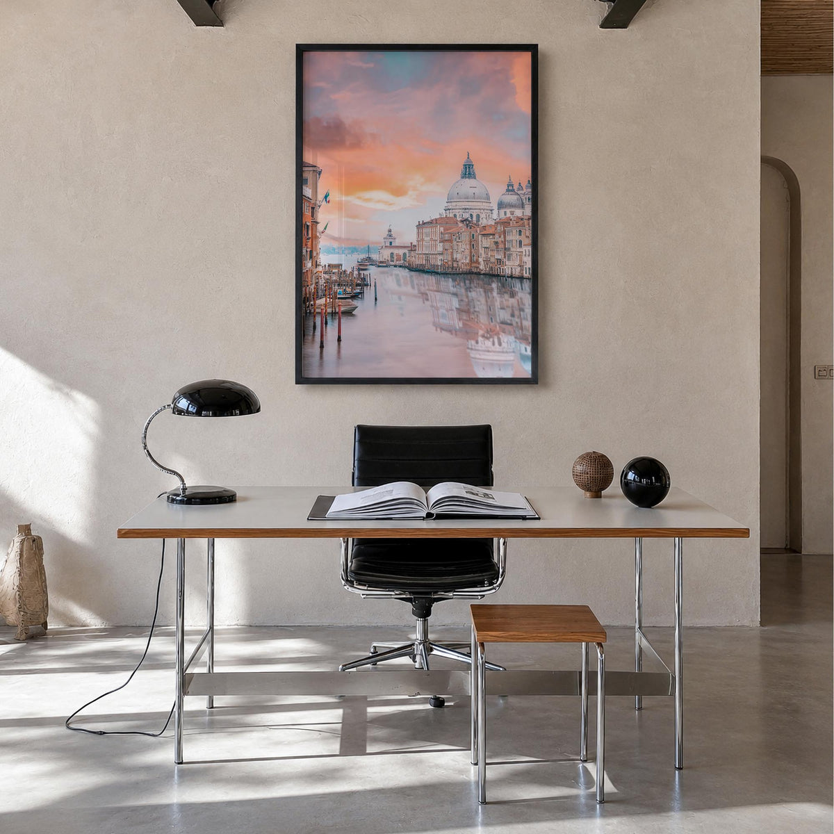 Venice no. 1 colorful photo poster of Italy – vertical wall art in black wood frame, hanging on wall
