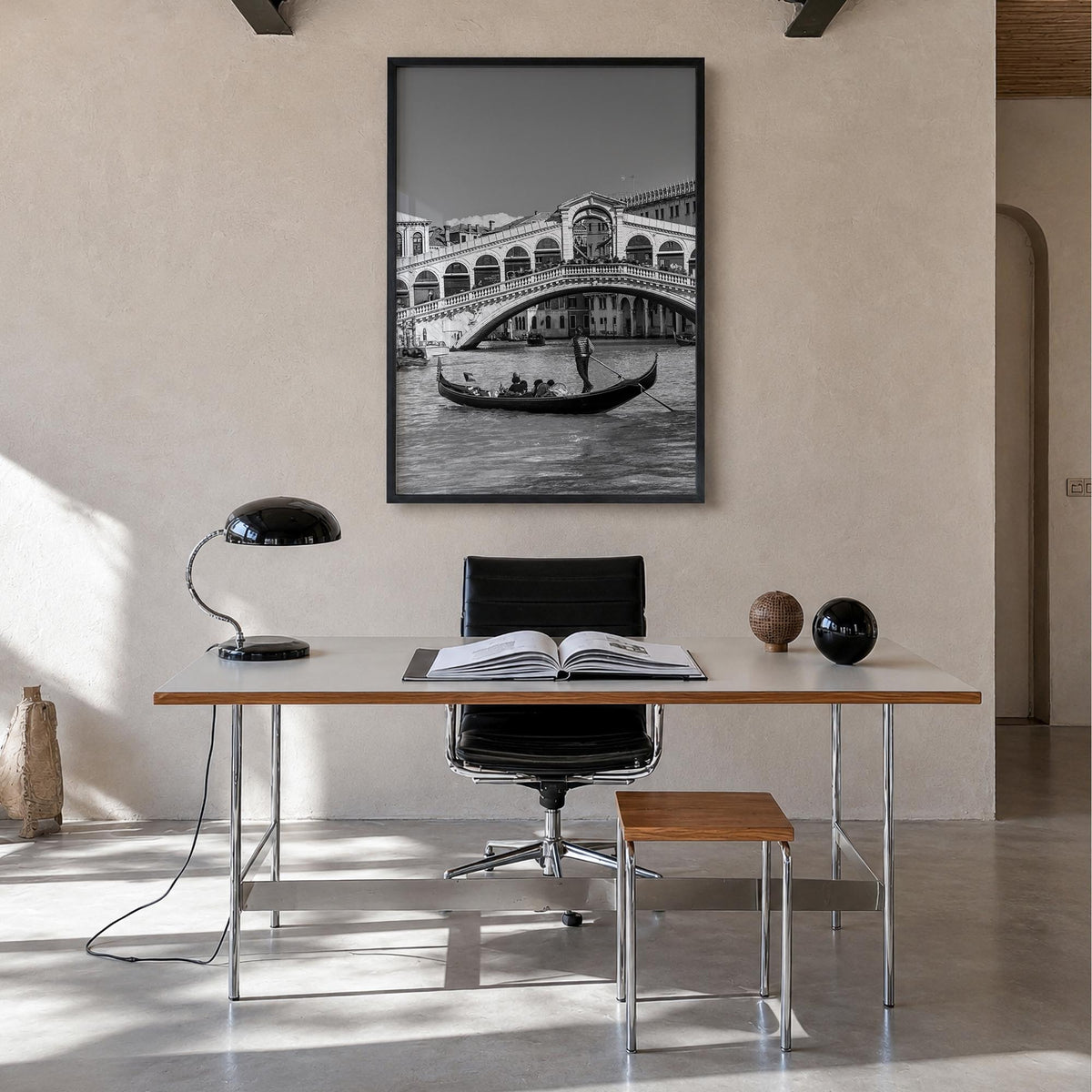 Venice no. 2 black & white photo poster of Italy – vertical wall art in black wood frame, hanging on wall