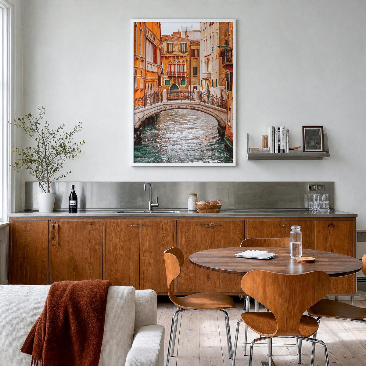Venice no. 2 colorful photo poster of Italy – vertical wall art in white wood frame, hanging on wall