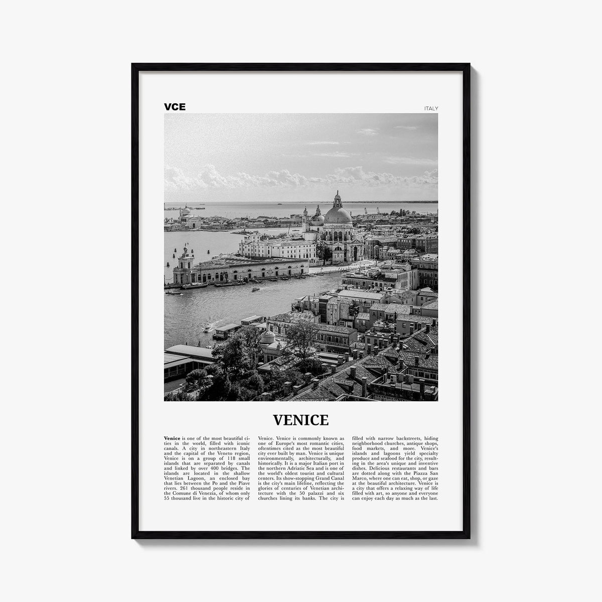 Venice no. 3 black & white newspaper poster of Italy – vertical wall art, unframed print shown in interior mockup