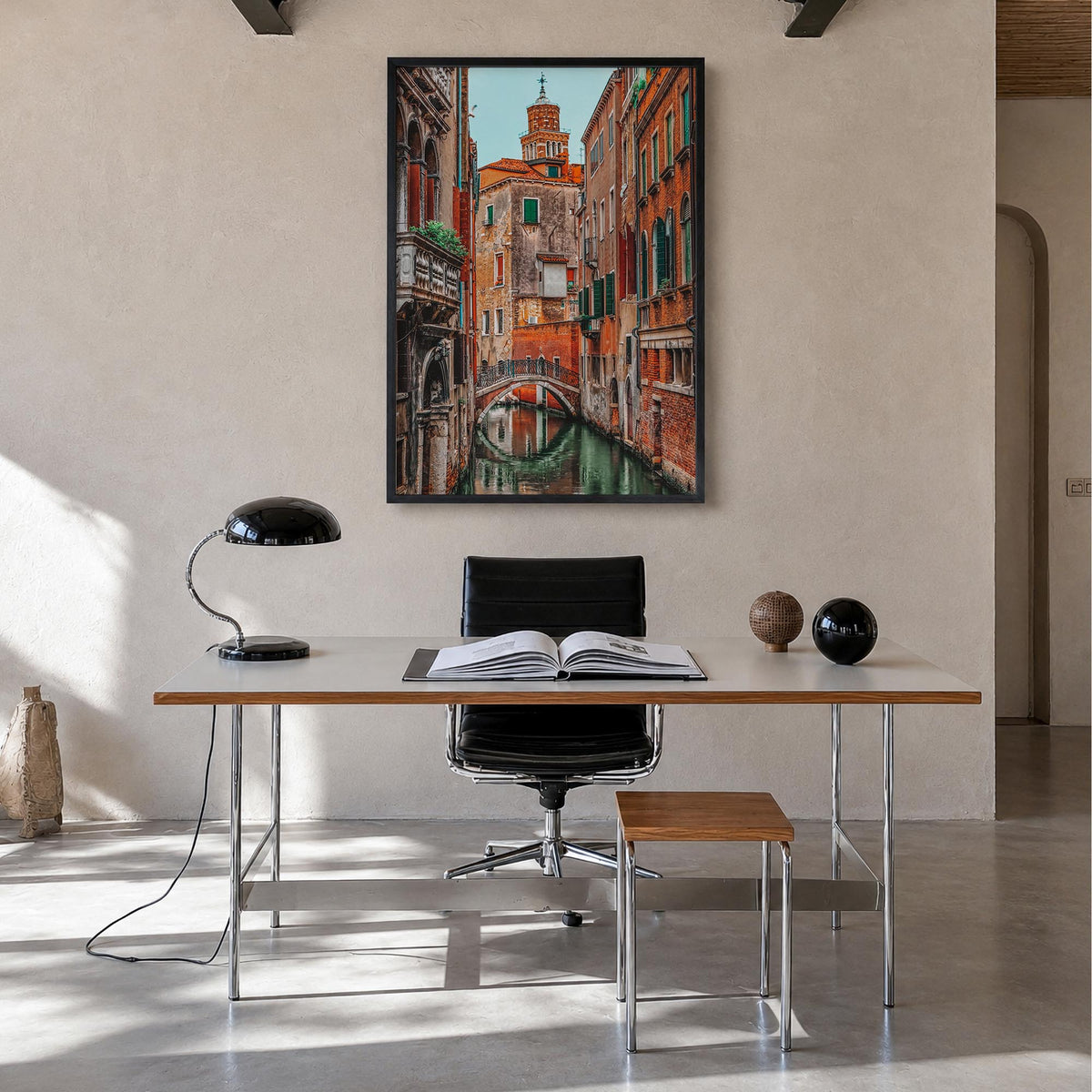 Venice no. 3 colorful photo poster of Italy – vertical wall art in black wood frame, hanging on wall