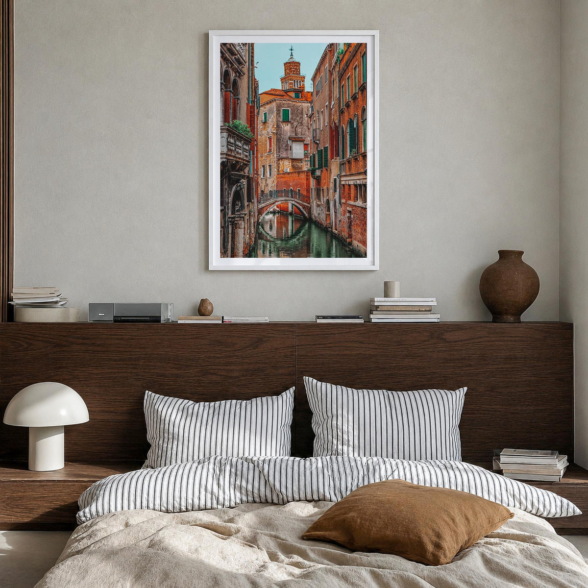 Venice no. 3 colorful photo poster of Italy – vertical wall art in white wood frame with white border, hanging on wall