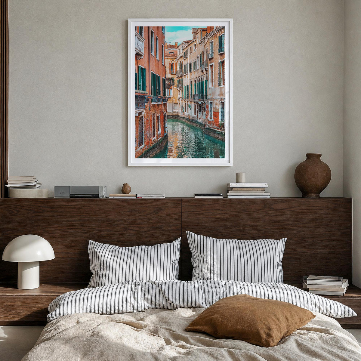Venice no. 4 colorful photo poster of Italy – vertical wall art in white wood frame with white border, hanging on wall
