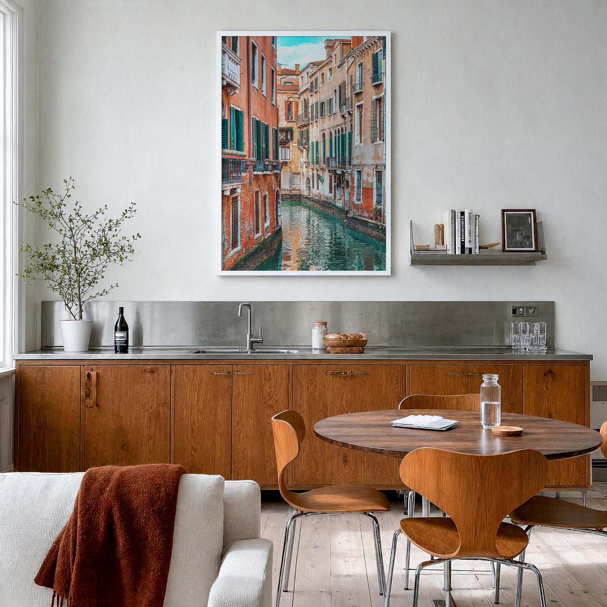 Venice no. 4 colorful photo poster of Italy – vertical wall art in white wood frame, hanging on wall