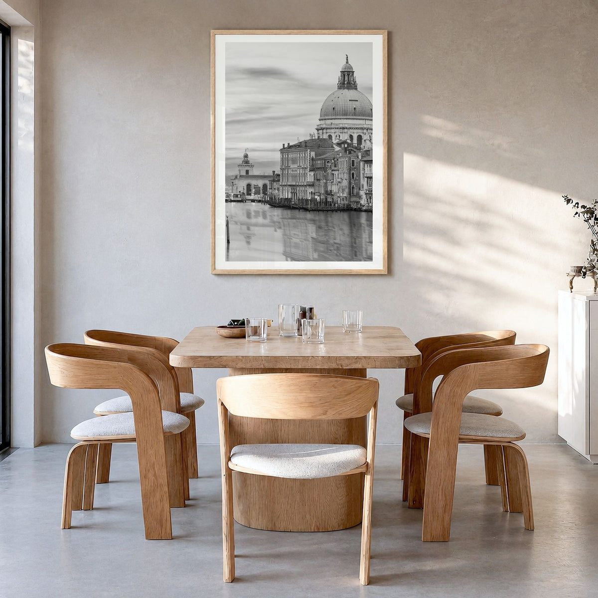 Venice Photo No 1 Poster in a natural wood frame, hanging in a dining room, white border