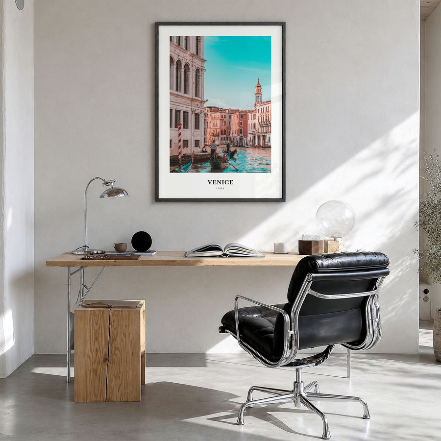 Venice Classic Poster in a black wood frame, hanging in a bright home office