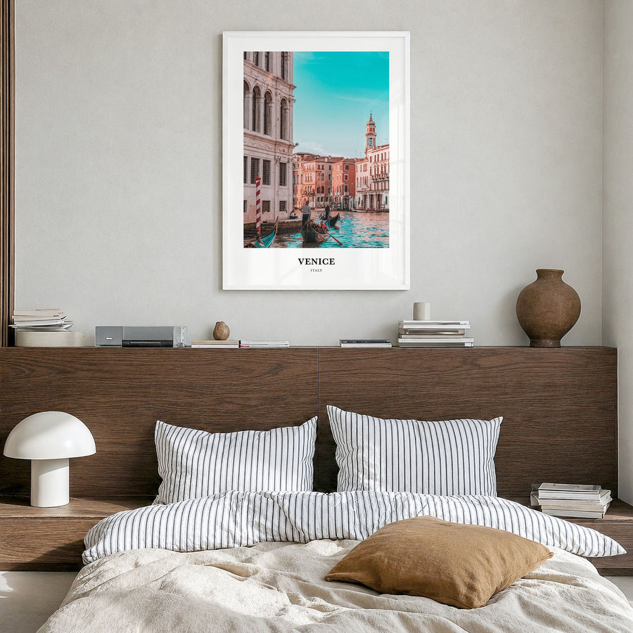 Venice Classic Poster in a white wood frame, hanging in a bedroom