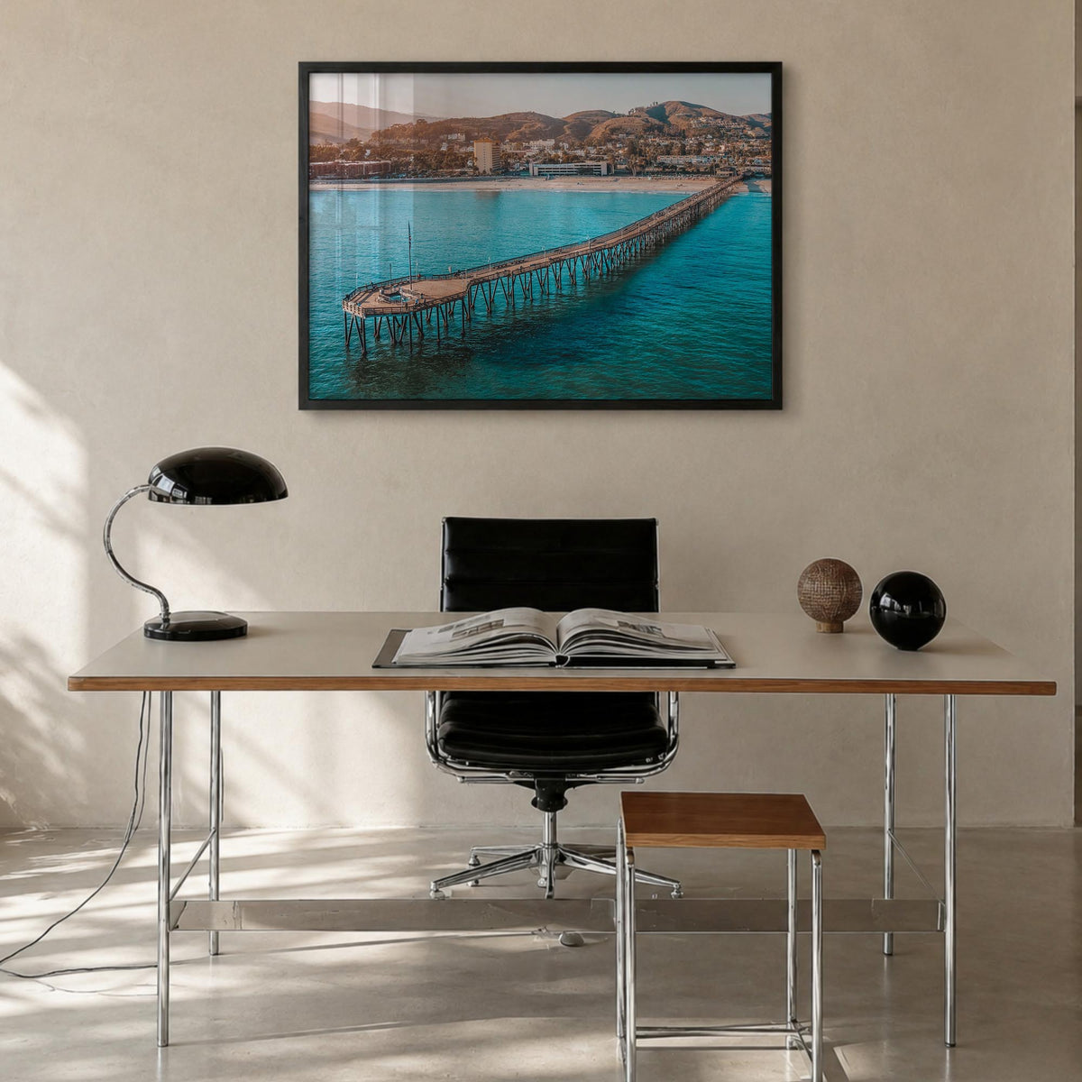 Ventura colorful photo poster of California, USA – horizontal wall art in black wood frame, hanging on wall