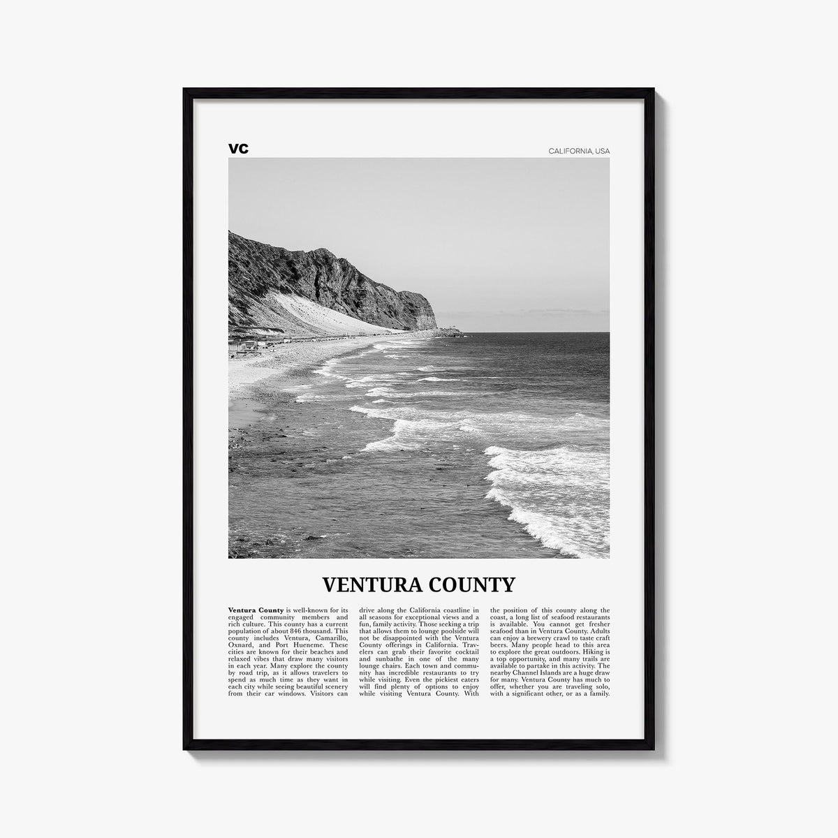 Ventura County black & white newspaper poster of California, USA – vertical wall art, unframed print shown in interior mockup