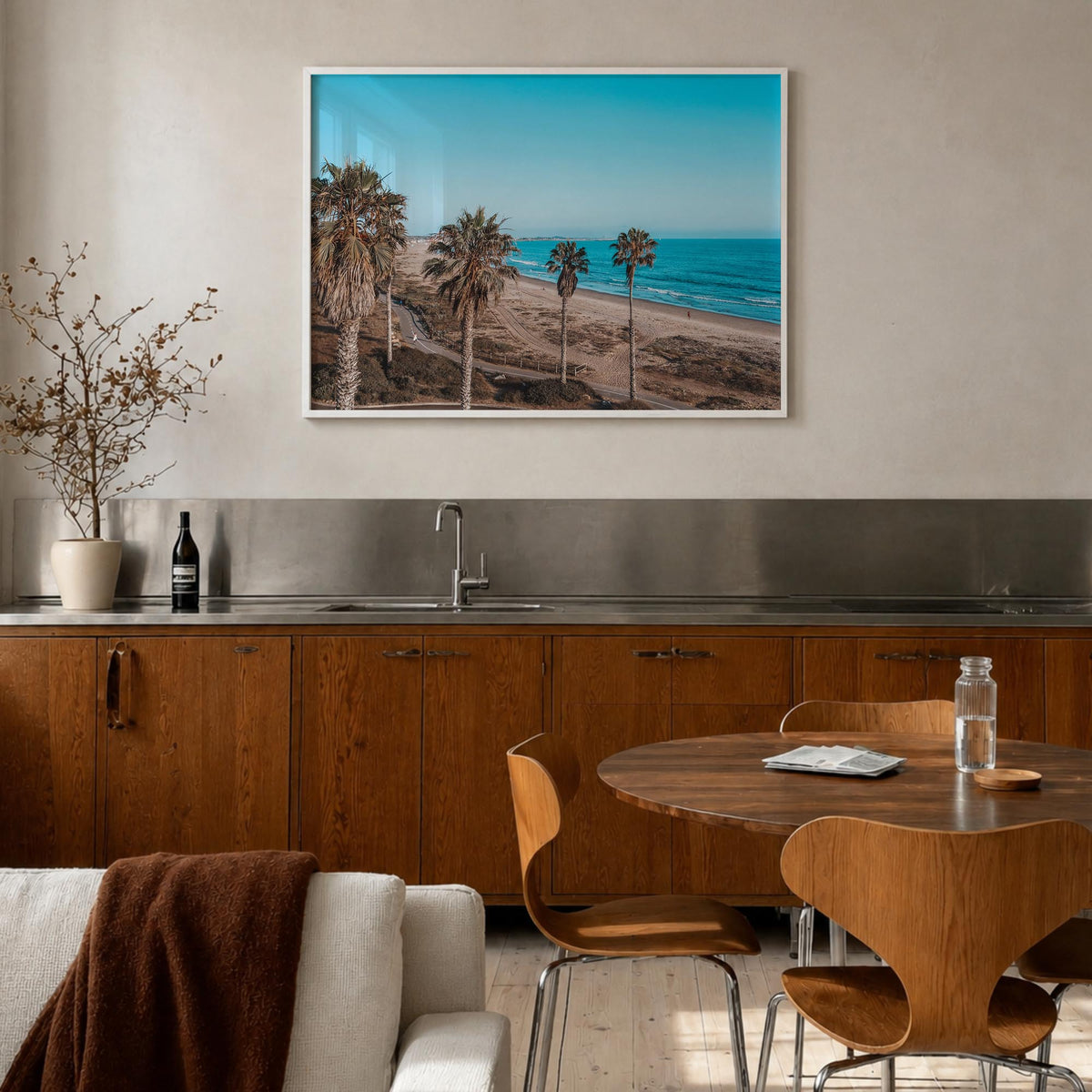 Ventura County colorful photo poster of California, USA – horizontal wall art in white wood frame, hanging on wall