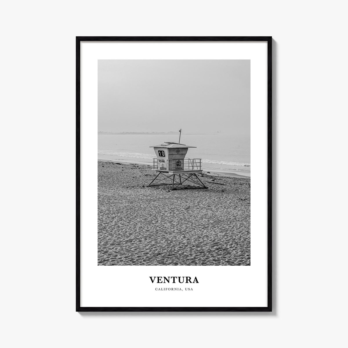 Ventura no. 1 black & white classic poster of California, USA – vertical wall art, unframed print shown in interior mockup