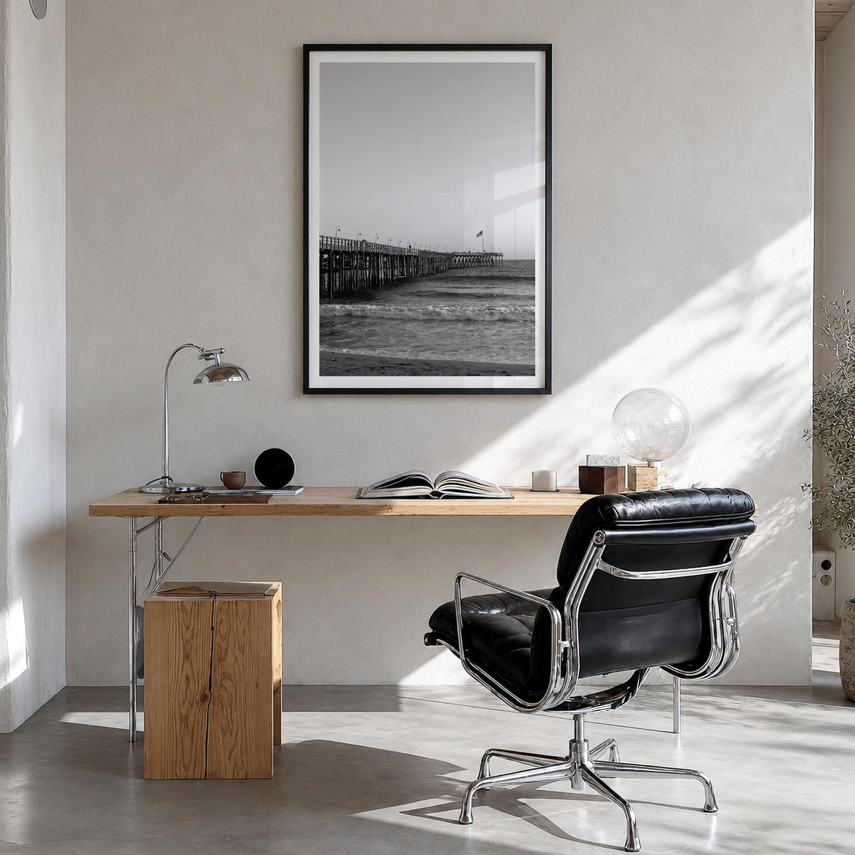 Ventura no. 1 black & white photo poster of California, USA – vertical wall art in black wood frame with white border, hangin