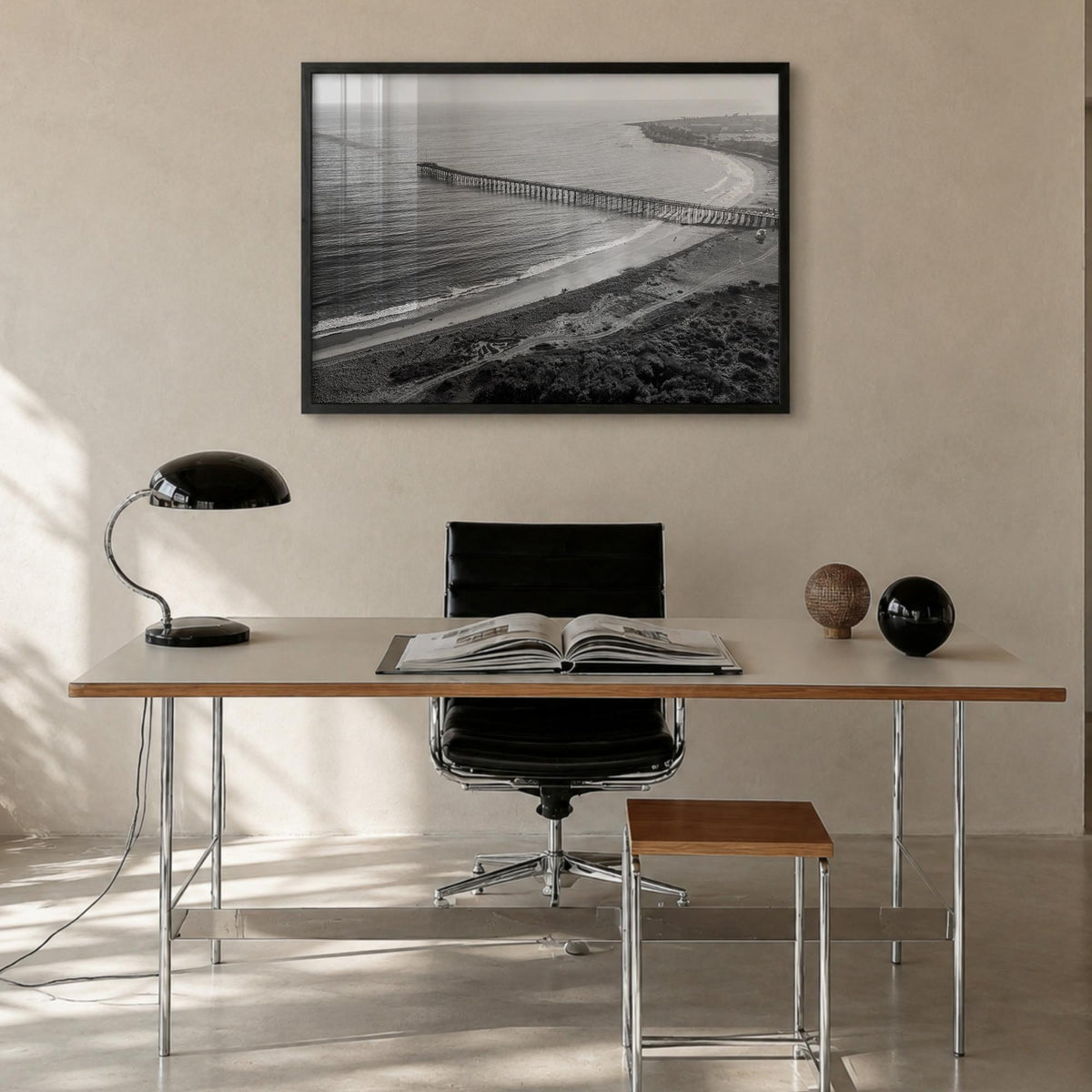 Ventura no. 1 black & white photo poster of California, USA – horizontal wall art in black wood frame, hanging on wall