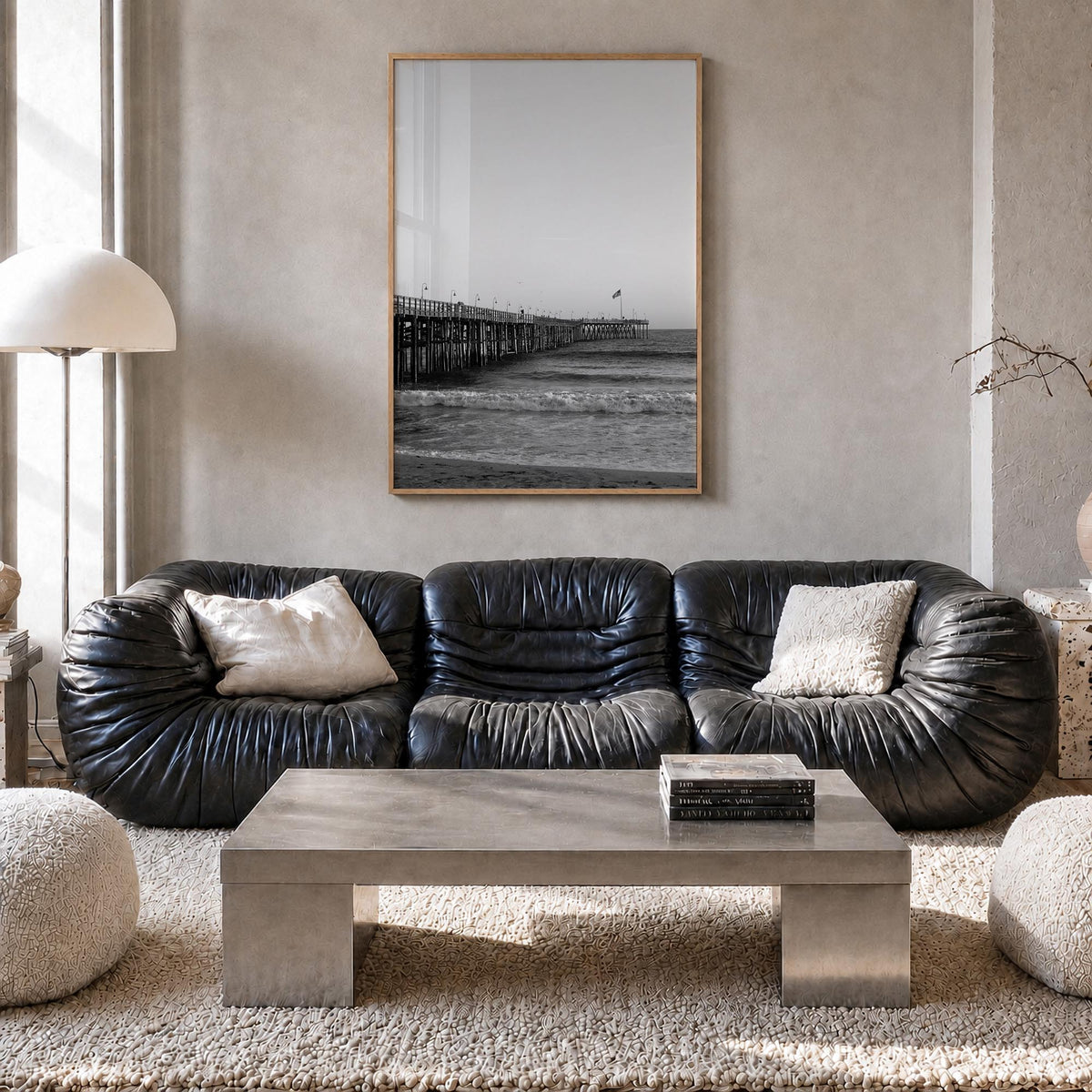 Ventura no. 1 black & white photo poster of California, USA – vertical wall art in natural wood frame, hanging on wall