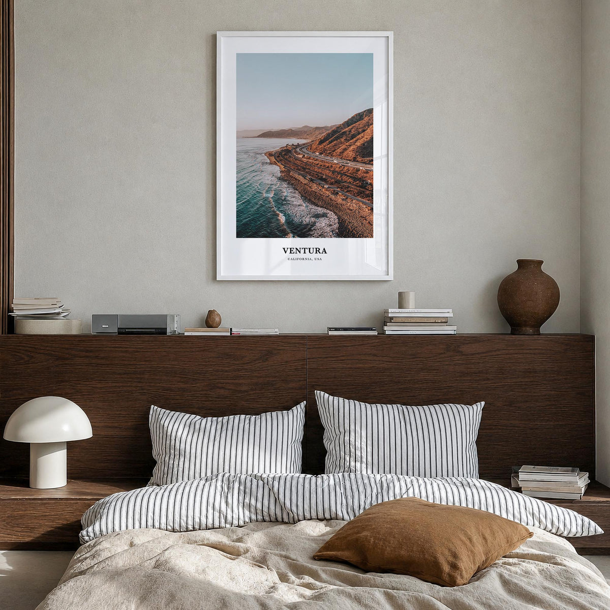 Ventura no. 1 colorful classic poster of California, USA – vertical wall art in white wood frame, hanging on wall