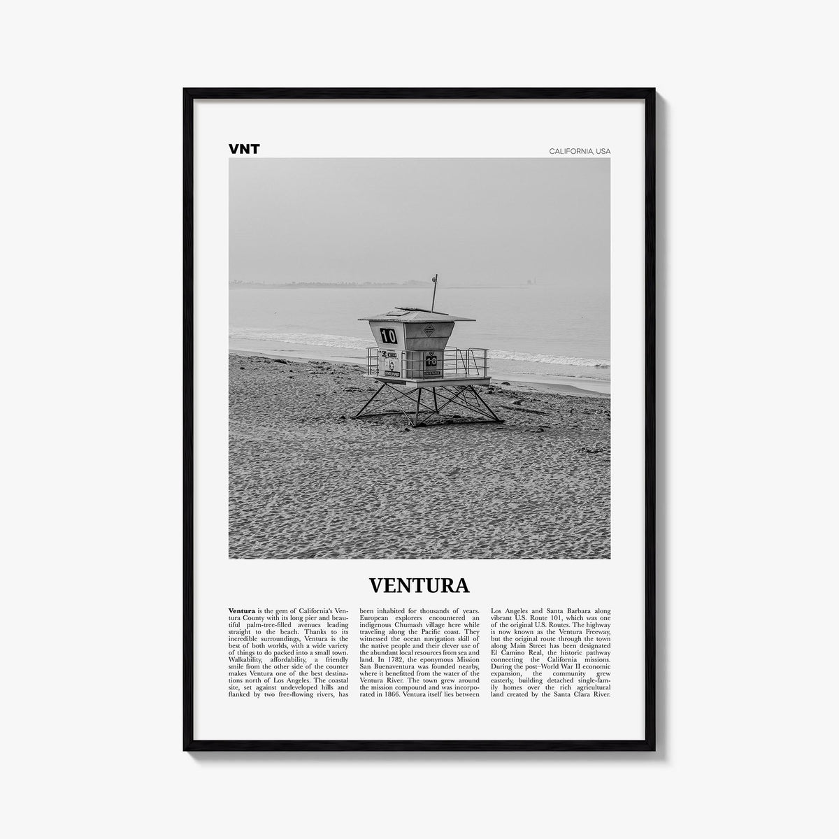 Ventura no. 2 black & white newspaper poster of California, USA – vertical wall art, unframed print shown in interior mockup