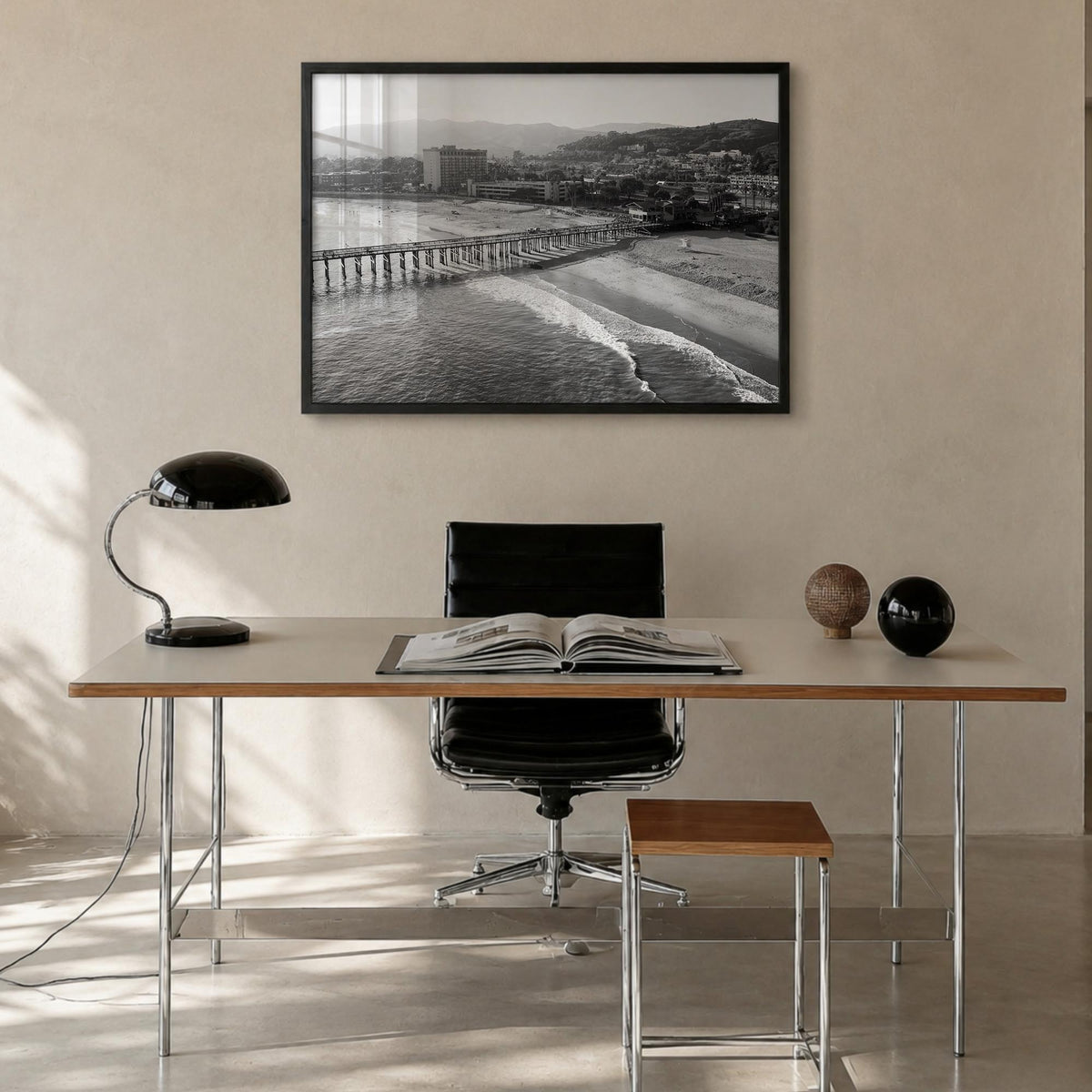 Ventura no. 2 black & white photo poster of California, USA – horizontal wall art in black wood frame, hanging on wall