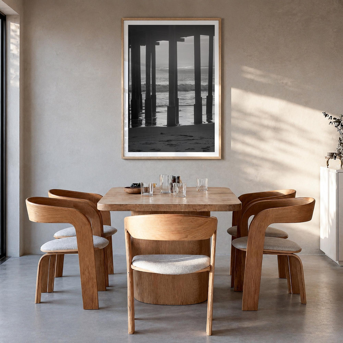 Ventura no. 2 black & white photo poster of California, USA – vertical wall art in natural wood frame with white border, hang