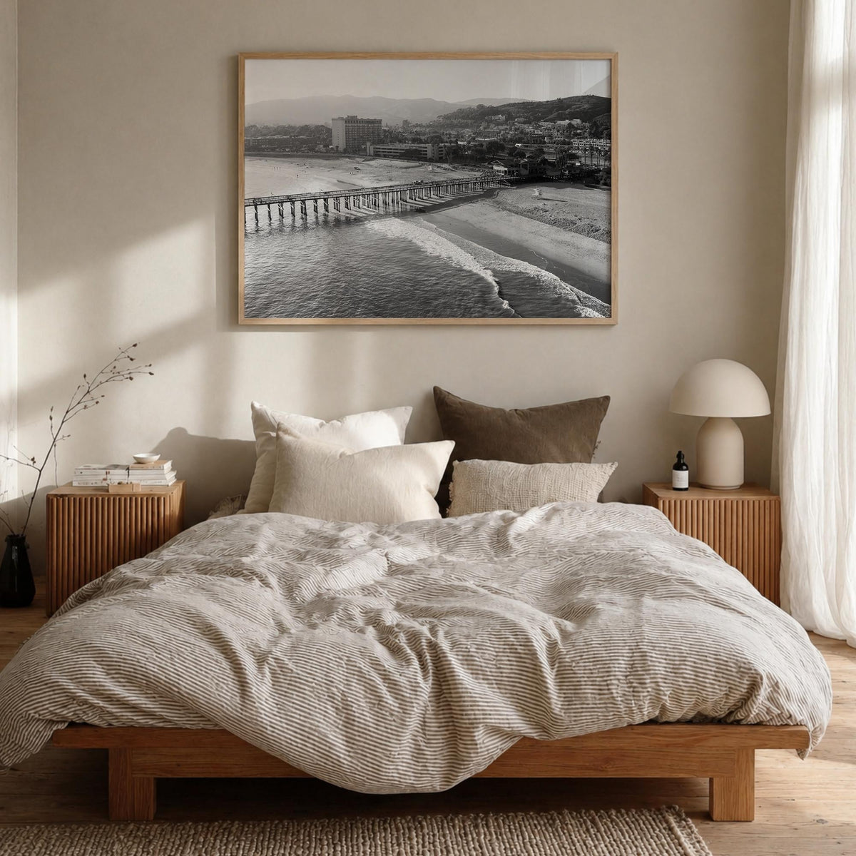 Ventura no. 2 black & white photo poster of California, USA – horizontal wall art in natural wood frame, hanging on wall