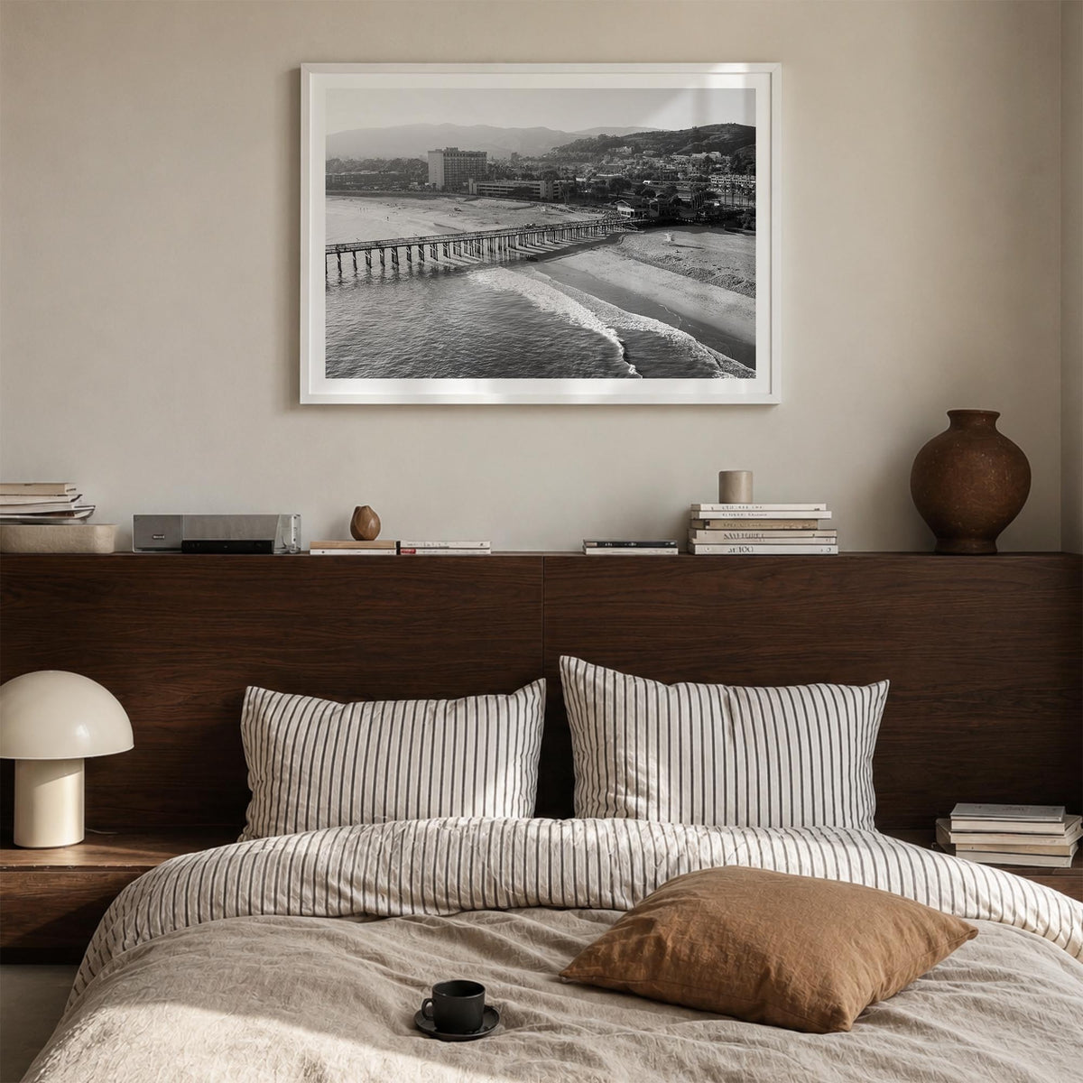 Ventura no. 2 black & white photo poster of California, USA – horizontal wall art in white wood frame with white border, hang