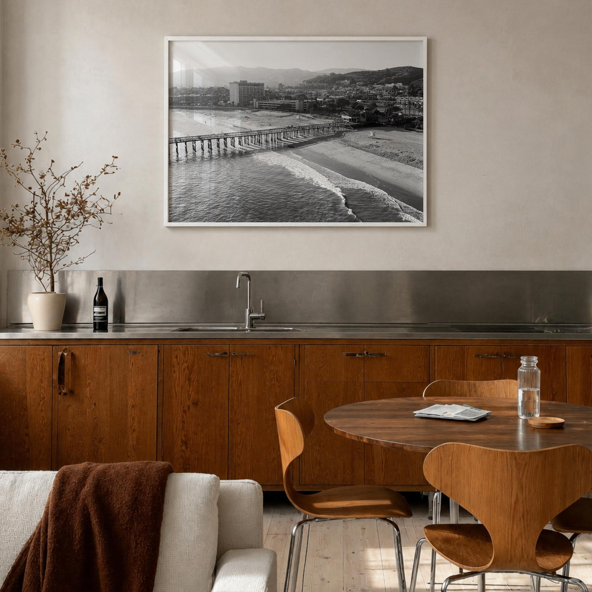 Ventura no. 2 black & white photo poster of California, USA – horizontal wall art in white wood frame, hanging on wall