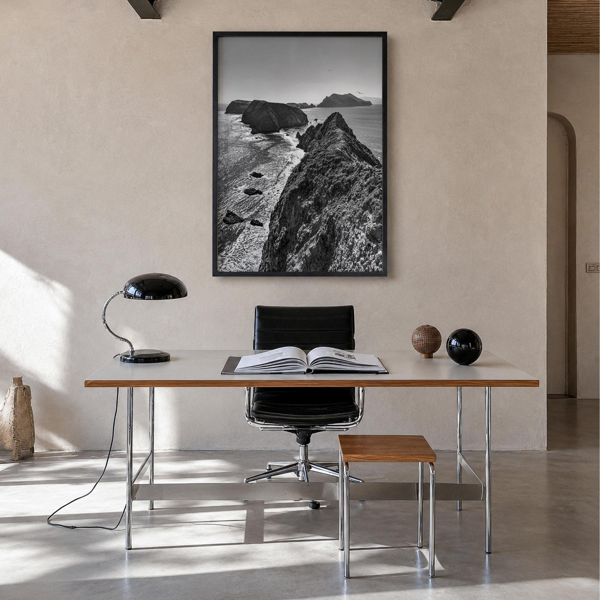 Ventura no. 3 black & white photo poster of California, USA – vertical wall art in black wood frame, hanging on wall