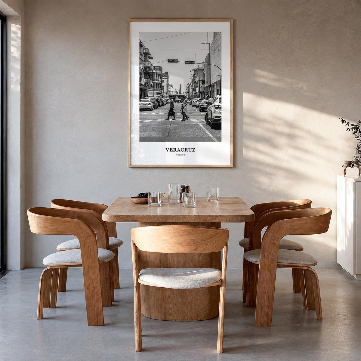 Veracruz black & white classic poster of Mexico – vertical wall art in natural wood frame, hanging on wall