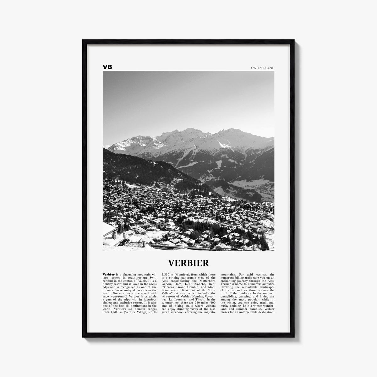 Verbier black & white newspaper poster of Switzerland – vertical wall art, unframed print shown in interior mockup