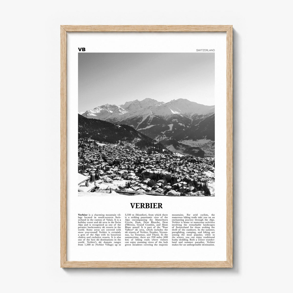 Verbier Newspaper Poster in a natural wood frame