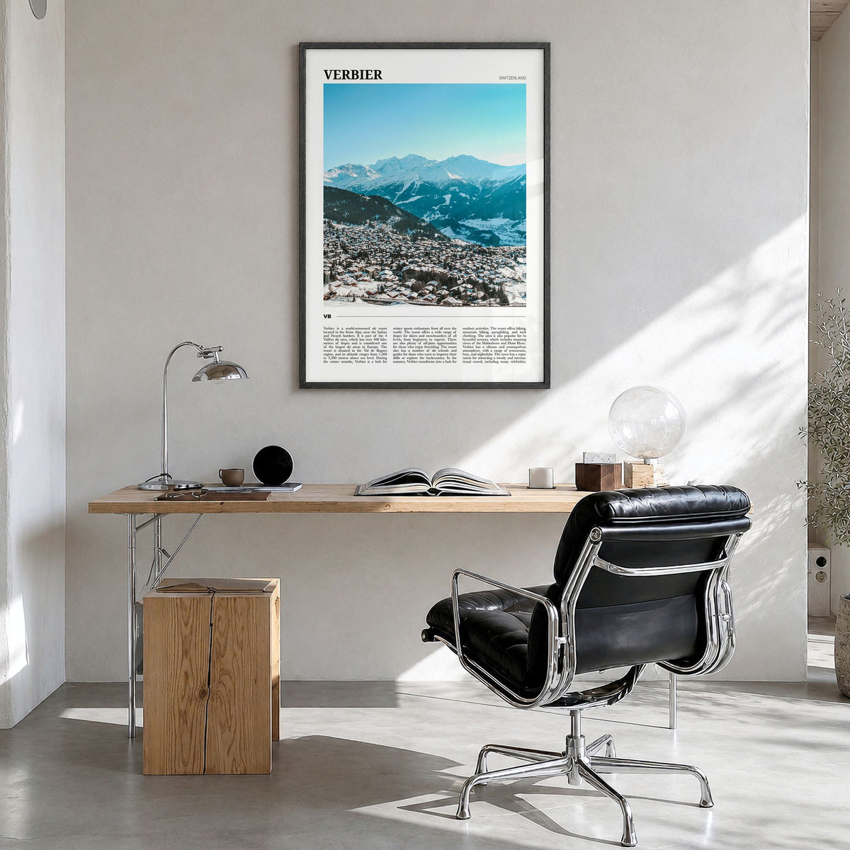 Verbier Travel Poster in a black wood frame, hanging in a bright home office