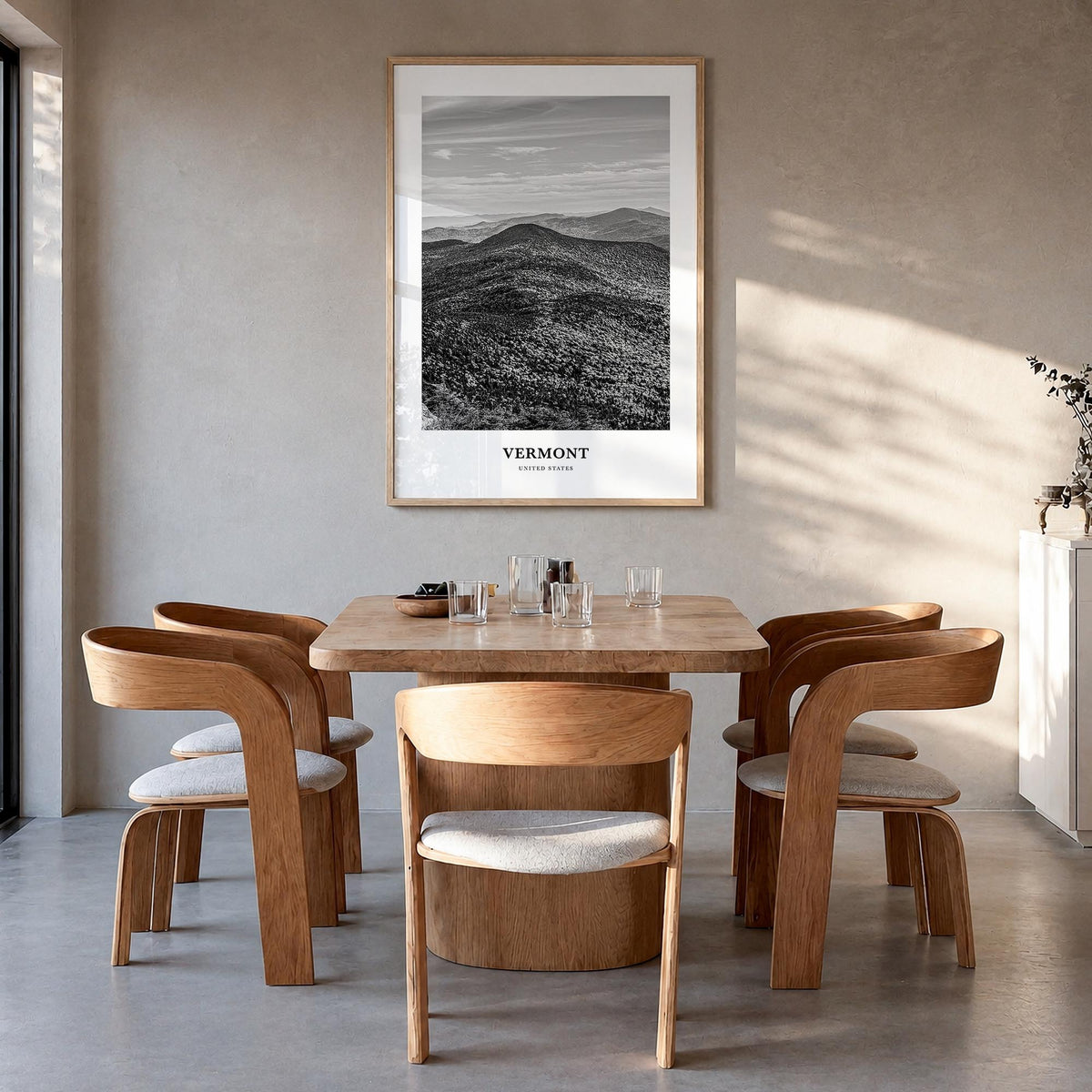 Vermont black & white classic poster of United States – vertical wall art in natural wood frame, hanging on wall