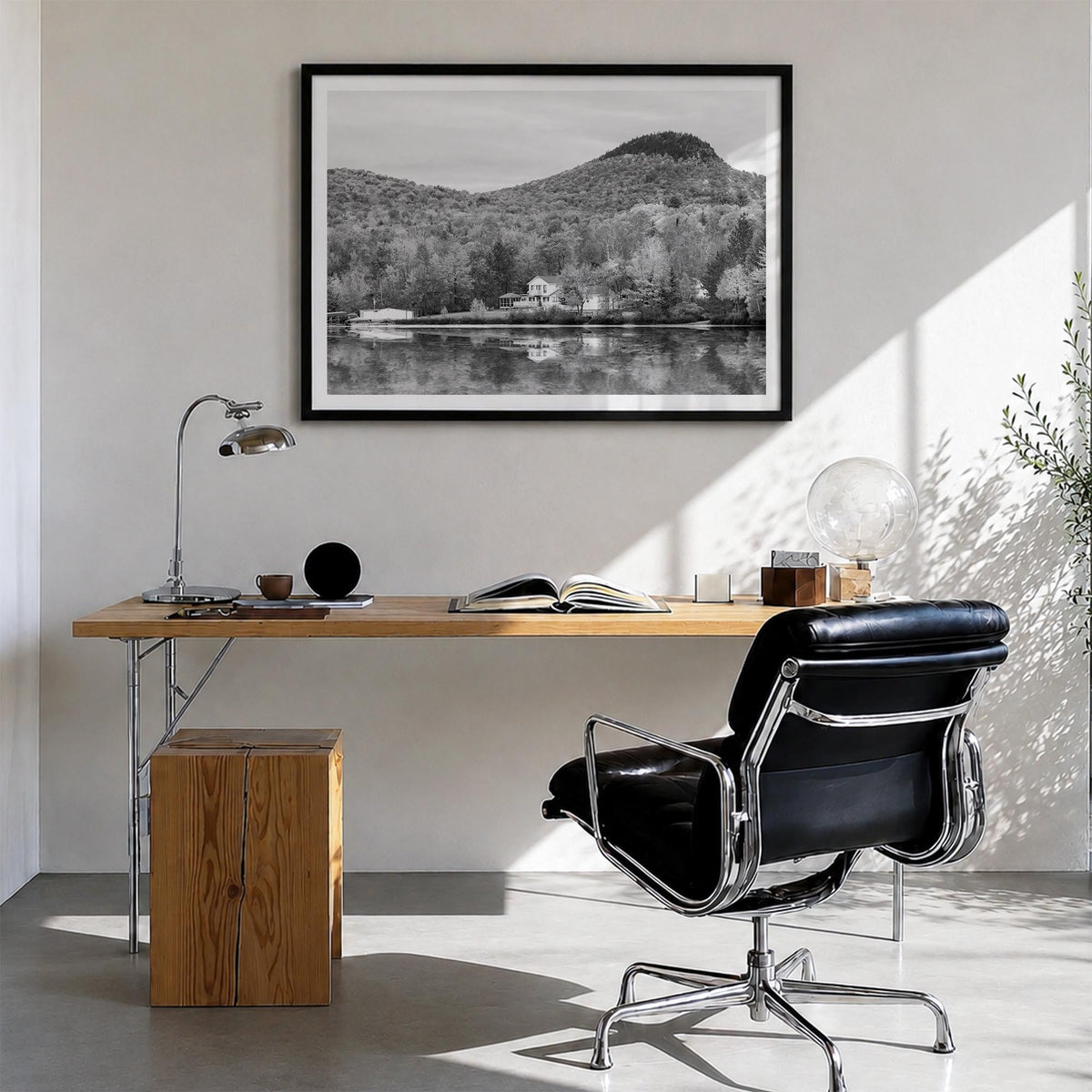 Vermont black & white photo poster of United States – horizontal wall art in black wood frame with white border, hanging on w