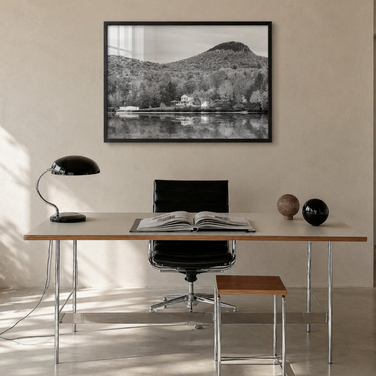 Vermont black & white photo poster of United States – horizontal wall art in black wood frame, hanging on wall
