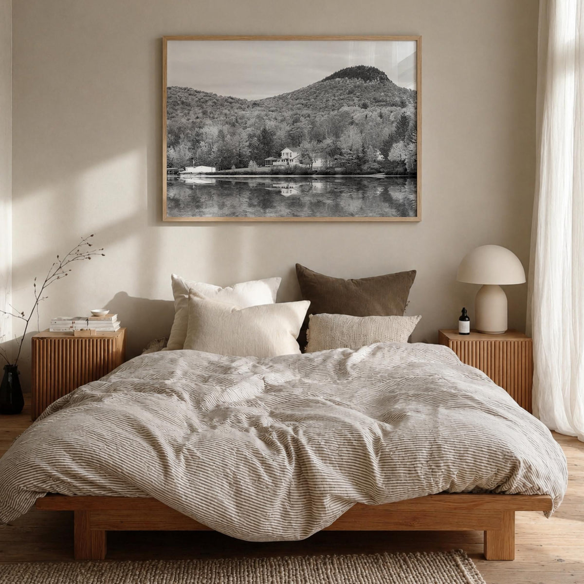 Vermont black & white photo poster of United States – horizontal wall art in natural wood frame, hanging on wall