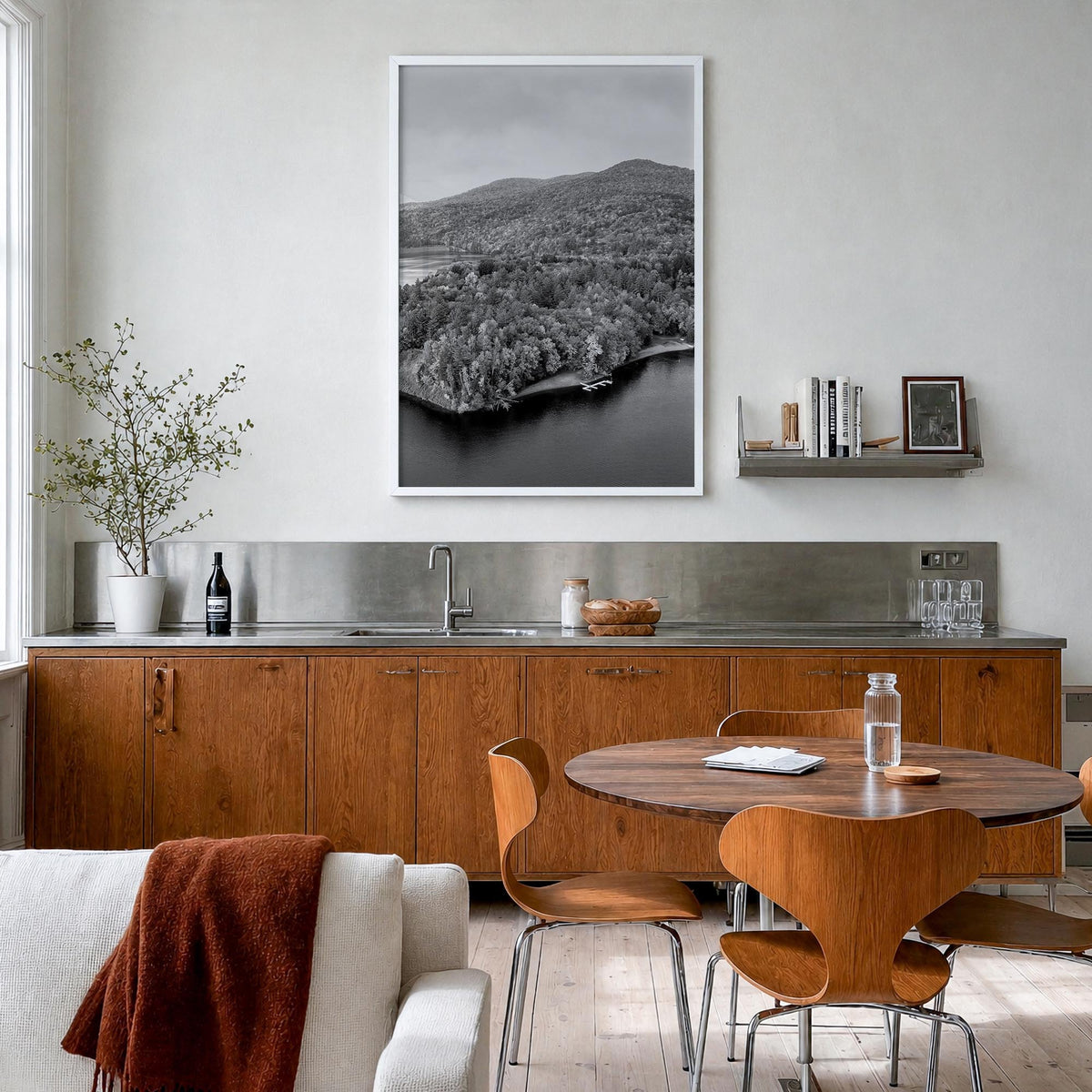 Vermont black & white photo poster of United States – vertical wall art in white wood frame, hanging on wall