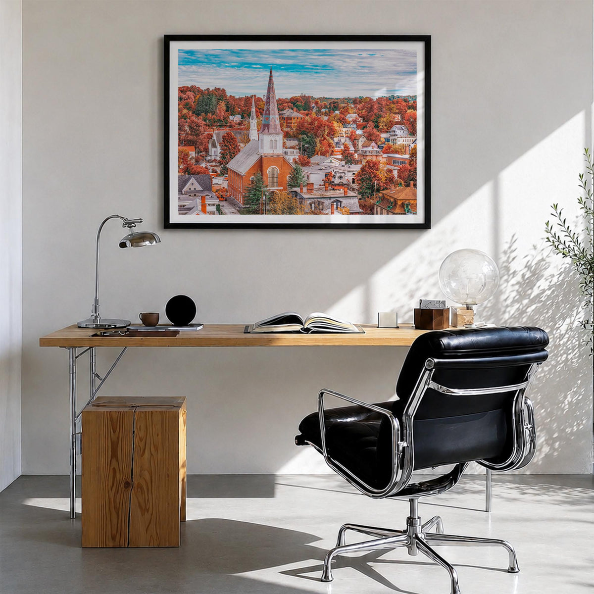 Vermont colorful photo poster of United States – horizontal wall art in black wood frame with white border, hanging on wall
