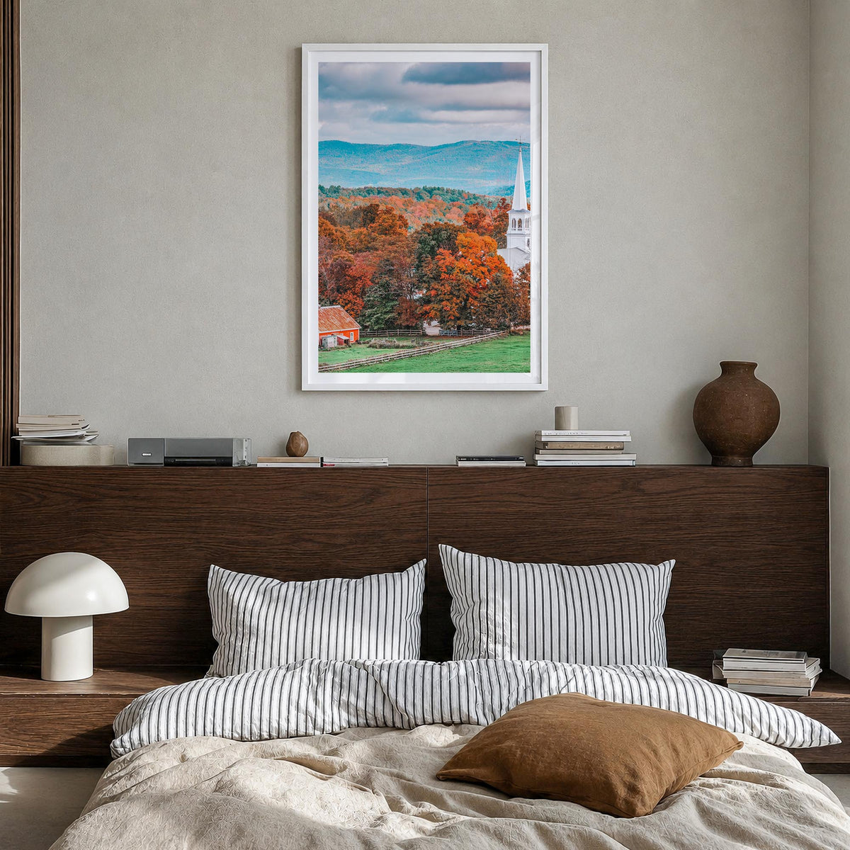 Vermont no. 1 colorful photo poster of United States – vertical wall art in white wood frame with white border, hanging on wa